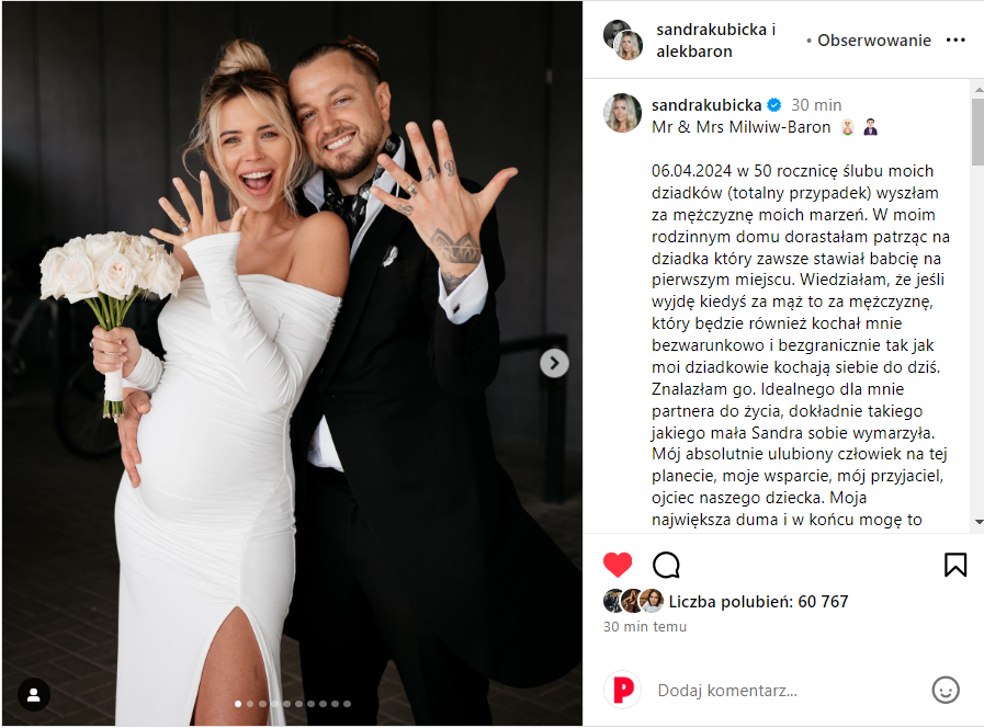 Sandra Kubicka, Alek Baron - fot. wykonała Natalia Poniatowska Instagram @natalia.npa. Źródło: Instagram @sandrakubicka